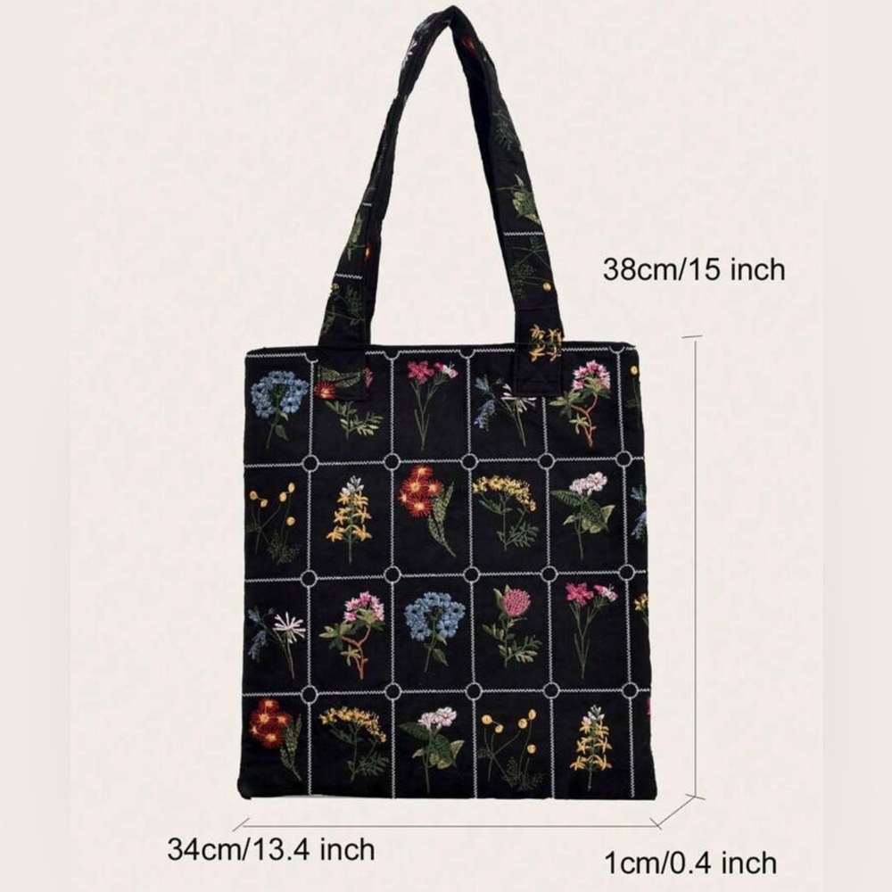 Floral Embroidered Black Tote Bag - Picture 7 of 10